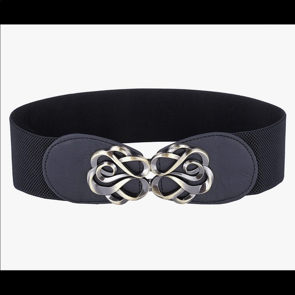 Accessories - Black Elastic Waist Belt with Decorative Silver Buckle